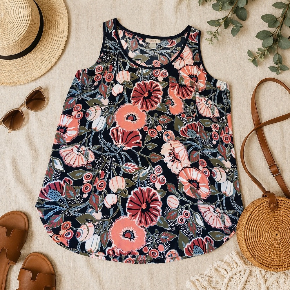 Loft Tank Top Womens Large Navy Blue Floral Sleeveless Shell Scoop Neck Casual